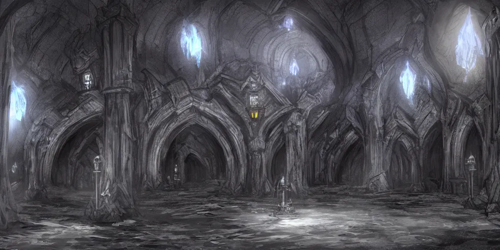 Image similar to one black gothic citadel in an underdark cavern, concept art