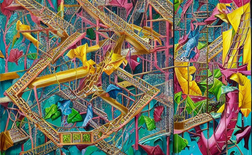 Prompt: chutes and ladders. detailed abstract painting by bordalo ii, by mc escher, by raqib shaw, japanese popsurrealism,