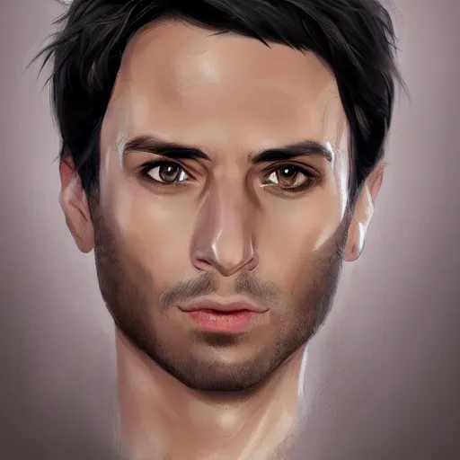 Prompt: portrait of a man by Artgerm, he is about 30 years old, short black hair with bangs, his features are a mix between French, Turkish and Russian and he is wearing a beige and black utility jumpsuit, highly detailed portrait, digital painting, artstation, concept art, smooth, sharp foccus ilustration, Artstation HQ