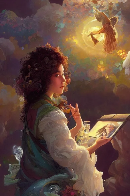 Image similar to bob ross, dreamy and ethereal,, fantasy, intricate, elegant, rainbow bubbles, highly detailed, digital painting, artstation, concept art, smooth, sharp focus, illustration, art by artgerm and greg rutkowski and alphonse mucha