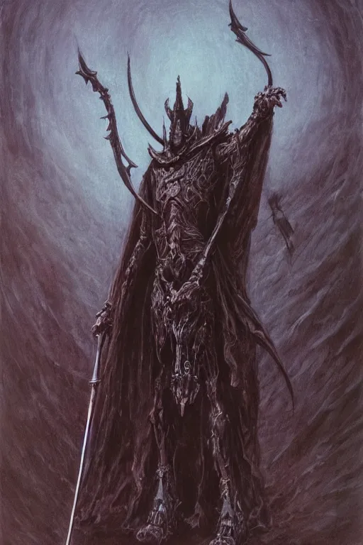 Image similar to Distorted god knight with face of Nicolas Cage in dark robe with a giant reaper scythe, dark fantasy, intricate, highly detailed, smooth, artstation, painted by Wayne Barlowe, zdislav beksinski, Francis Bacon