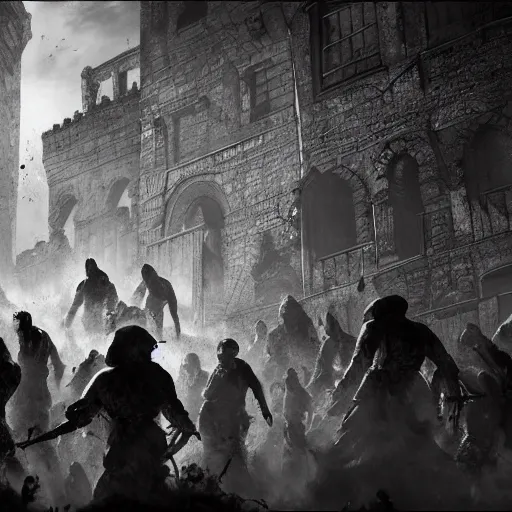 Image similar to zombies attack the medieval city in the style of kentaro miura, 4 k, 8 k, absolute detail of even the smallest details and particles, beautiful shadows, beautiful art, black and white drawing