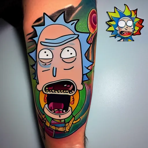 Image similar to rick and morty full body tattoo. tattoo artists portfolio.