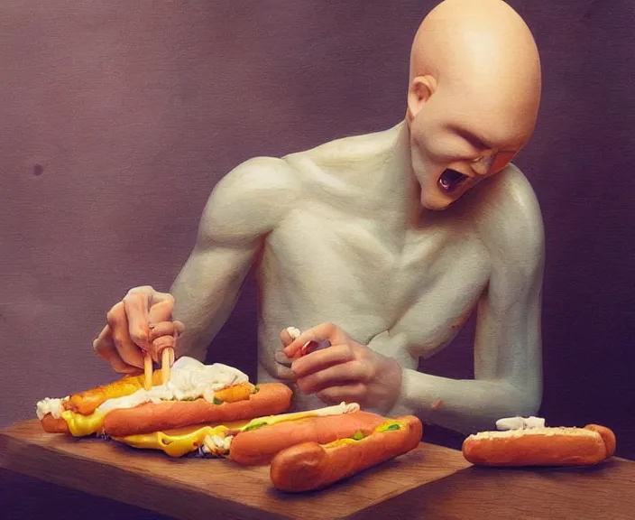 Prompt: a wooden sculpture of billy corgan eating a hotdog, digital art by studio ghibli and greg rutkowski, beautiful, cute, hyperrealism artstyle, amazing lighting