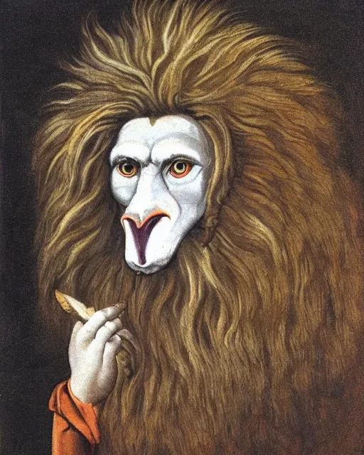 Image similar to a creature with the body and eyes of a man, with the beak of an eagle, the mane of a lion, and the horns of an ox. drawn by francis bacon