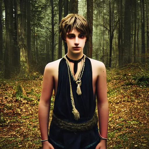 Prompt: a teenage boy, around 1 6 yo. choker necklace. natural brown hair. loincloth, pale skin. detailed face. ominous and eerie looking forest in background. natural colors. hyperrealistic photo.