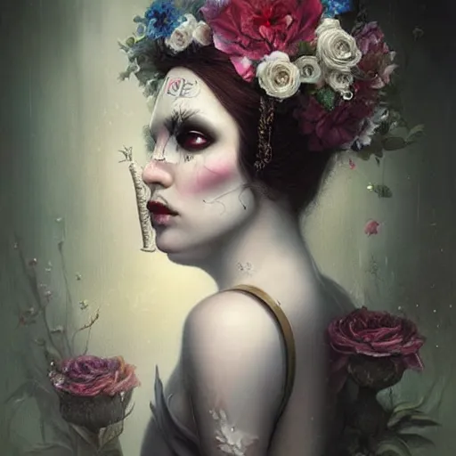 Image similar to A painting of a woman with white makeup and flowers on her head, cyberpunk art by Tom Bagshaw, Deviantart, gothic art, wiccan