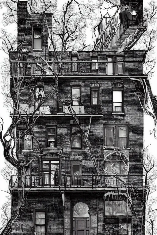 Image similar to (((((a ramshackle Manhattan brick brownstone deep in the forest))))) by Jon Juarez!!!!!!!!!!!!!!!!!!!!!!!!!!!