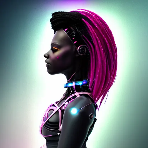 Prompt: portrait of a beautiful dark skinned woman with pink hair as a cyberpunk cyborg half robot, revealing wires and electronics, hooked - up, sci - fi, missing panels, intricate abstract upper body intricate artwork, concept art, octane render, deviantart, cinematic, key art, hyperrealism, iridescent accents, portrait photograph, nikon 3 5 mm, photograph by greg rutkowski