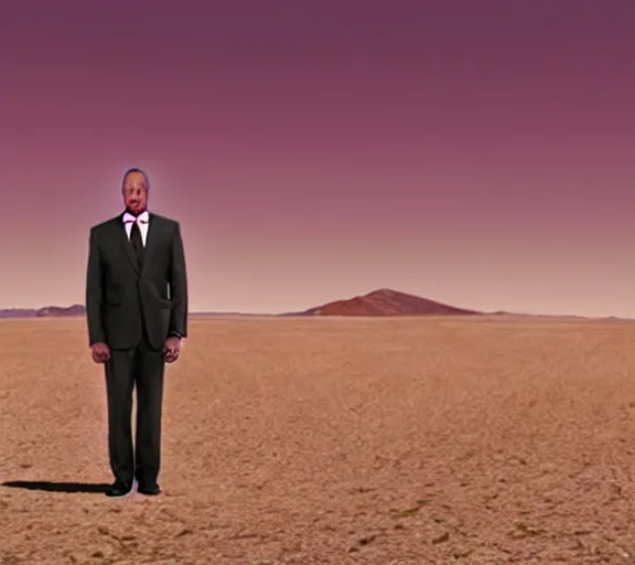 Prompt: saul goodman rapping in the desert, realistic, movie still