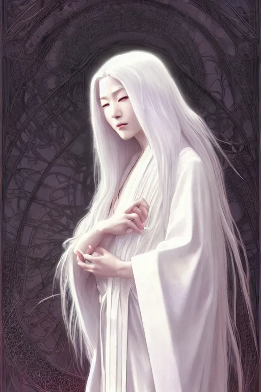 Image similar to Kaguya Ōtsutsuki, long white hair, white robe, D&D, fantasy, intricate, elegant, highly detailed, digital painting, artstation, concept art, matte, sharp focus, illustration, art by Artgerm and Greg Rutkowski and Alphonse Mucha