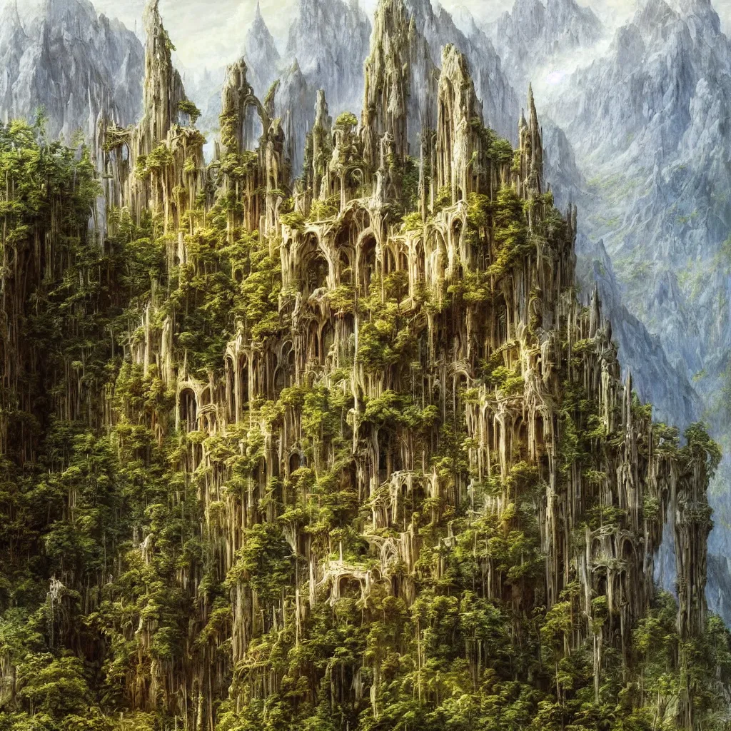 Image similar to A beautiful and highly detailed oil painting of an elven temple in the mountains, detailed trees and cliffs, intricate details, rivendell, 8k, sharp focus, hyper realism, by Caspar Friedrich,