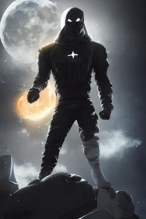 Image similar to hyperrealistic photography of Moon Knight mixed with Ghostrider style of wlop and Hossein Diba, full-shot, merged character, 4k, highly detailed, cinematic lighting, photorealistic, 3d render, award winning render, unreal engine, masterpiece, octane render, sharp focus, studio lighting, 8k, hd