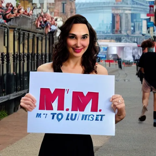 Prompt: Gal Gadot holding a sign that says M!I! T! C! H! I! E! P! O! O! !!!! as painted by Ralph Horsley