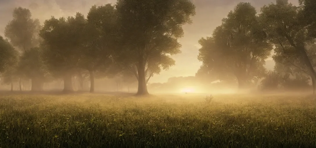 Image similar to beautiful meadow at sunrise, thin morning fog hovering close to the ground, symmetry, intricate Details, raphael lacoste, eddie mendoza, alex ross, concept art, matte painting, highly detailed, rule of thirds, dynamic lighting, cinematic, detailed, denoised, centerd, clean render