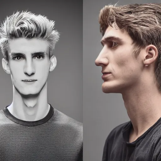 Image similar to chad, man with huge muscular jaw, short black hair, professional studio photography, grayscale, xqc, xqcow from twitch