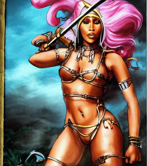 Image similar to 1 9 8 0 s fantasy novel book cover, nicki minaj in extremely tight bikini armor wielding a cartoonishly large sword, exaggerated body features, dark and smoky background, low quality print