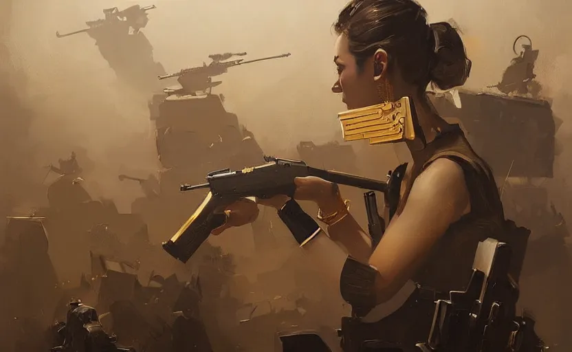 Prompt: a painting of gold, guns, and girls trending on artstation in the style of greg rutkowski