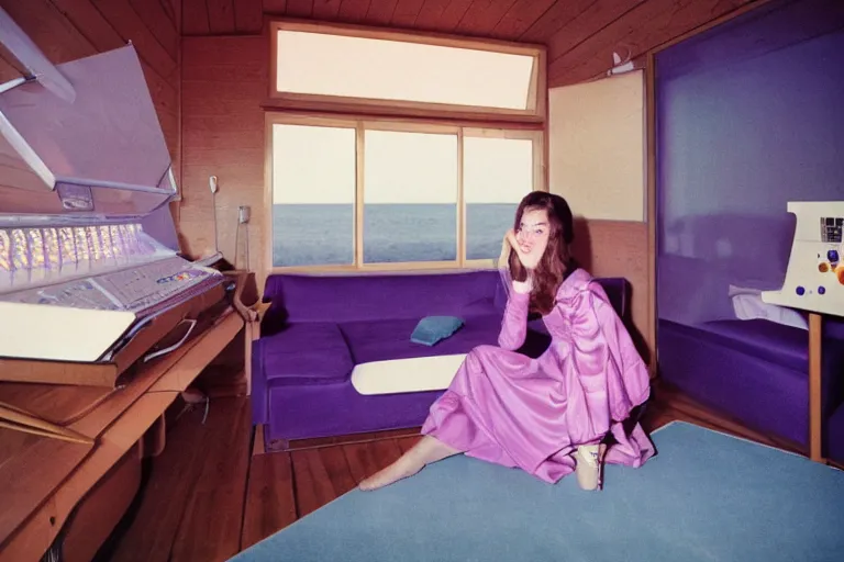 Prompt: first-person closeup view of young woman wearing discowear sitting inside of a 1970s luxury a-frame cabin with a soviet computer console on the wall and ambient lighting, large windows, an exterior of an purple evening ocean beach, ektachrome photograph, f8 aperture