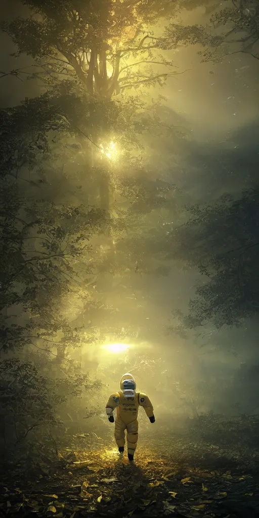 Prompt: A yellow baby rabbit in a spacesuit full of trees, cyberpunk temple, sunset with falling leaves, Tyndall rays, low angle, light through the mist, dramatic lighting, photorealistic, cinematic lighting, high detail, cinematic feel, high octane, 4K, Unreal Engine, digital render, intricate, ultra realistic, concept art