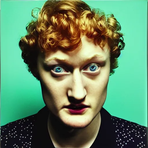 Image similar to james acaster, portrait, fashion photography, polaroid, by david bailey, mariko mori, davide sorrenti