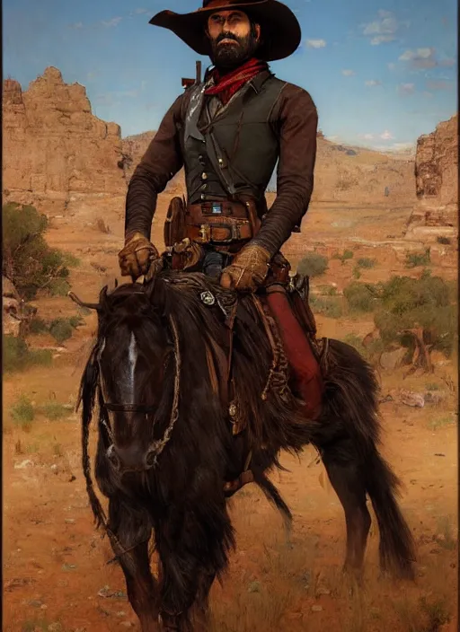 Image similar to Old west smug gunslinger (rdr2, laurie greasley). Iranian orientalist portrait by john william waterhouse and Edwin Longsden Long and Theodore Ralli and Nasreddine Dinet, oil on canvas. Cinematic, hyper realism, realistic proportions, dramatic lighting, high detail 4k