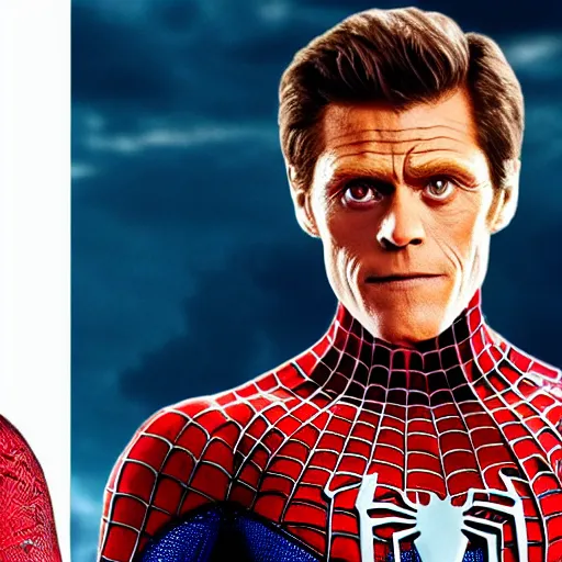 Image similar to spiderman with the head of willem dafoe