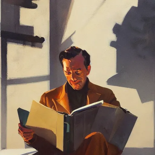 Image similar to greg manchess mid century album cover featuring a man with a notebook, medium shot, asymmetrical, profile picture, organic painting, sunny day, soft colors, matte painting, bold shapes, hard edges, street art, trending on artstation, by huang guangjian and gil elvgren and sachin teng