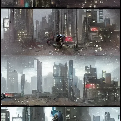 Prompt: a heartfelt unspoken love story between two robots overlooking a crumbling empty city, third person, cyberpunk, dystopia, rain, bittersweet, realism, painting