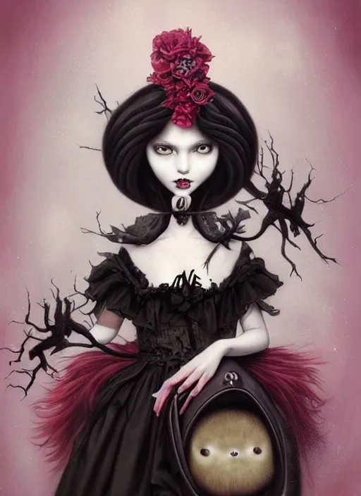 Image similar to pop surrealism, lowbrow art, realistic cute gothic black dress fashion painting, japanese street fashion, hyper realism, muted colours, rococo, natalie shau, loreta lux, tom bagshaw, mark ryden, trevor brown style,