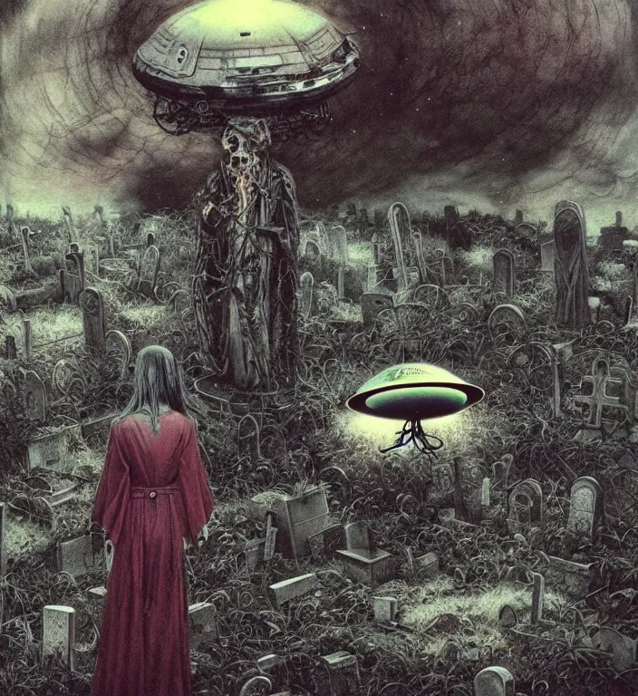 Image similar to a polaroid of a UFO over a abandoned cemetery from 90s by Laurie Lipton, grainy film kodak, by Ayami Kojima, Mark Brooks, rich deep colors. Beksinski painting, part by Adrian Ghenie and Gerhard Richter. art by Takato Yamamoto. masterpiece