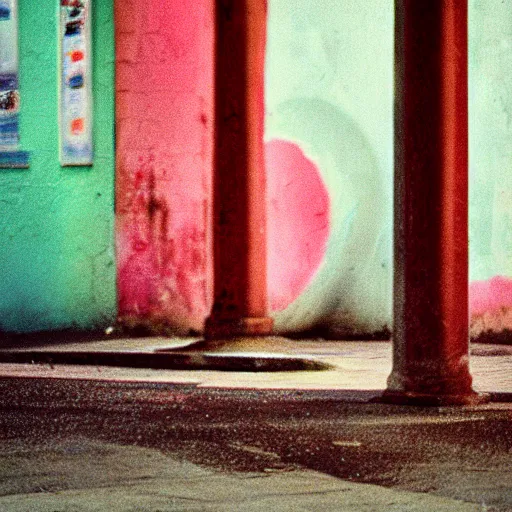 Prompt: 4x5 styled street photography, abstract scene, 35mm lens, pastel colours, grainy, bokeh, depth of field, dreamy, rule of thirds