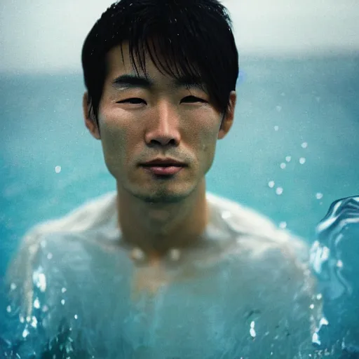 Prompt: a close up photographic portrait of a handsome japanese man stands in the ocean wearing wet weather gear looking worried taken by annie leibowitz. cinematic lighting, blue background colour, 5 0 mm, subsurface scatter, bladerunner sci fi.