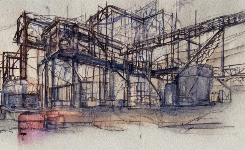 Prompt: Industrial complex Watercolor sketch, highly detailded