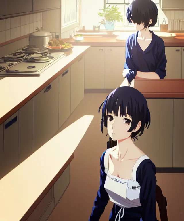 Prompt: anime visual, illustration of a young woman looking in a kitchen cabinet from a distance, cute face by ilya kuvshinov, yoshinari yoh, makoto shinkai, katsura masakazu, dynamic perspective pose, detailed facial features, kyoani, rounded eyes, crisp and sharp, cel shad, anime poster, ambient light,