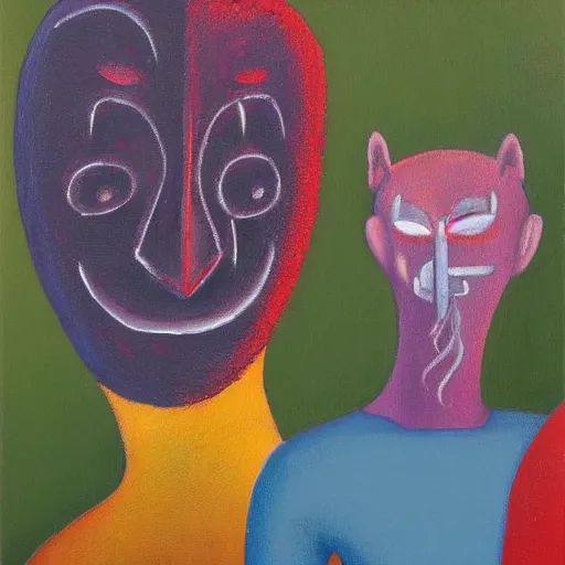 Image similar to Oil painting by Rufino Tamayo. Two mechanical gods with animal faces having a conversation. Oil painting by Lisa Yuskavage.