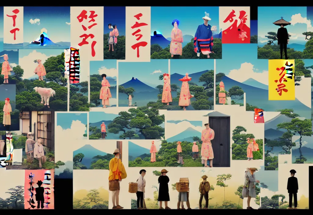 Prompt: full frame a single image, a row of a several european tourists standing with a variety of poses and props, several character designs, rural japan, a collage painting, in the style of wes anderson, lola dupre, david hockney, isolated on negative white space background dark monochrome neon spraypaint accents volumetric octane render