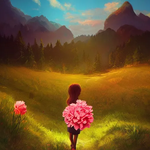 Image similar to giant carnation flower head, girl hiking in the mountains, surreal photography, sunrise, dramatic light, impressionist painting, colorful clouds, digital painting, artstation, simon stalenhag