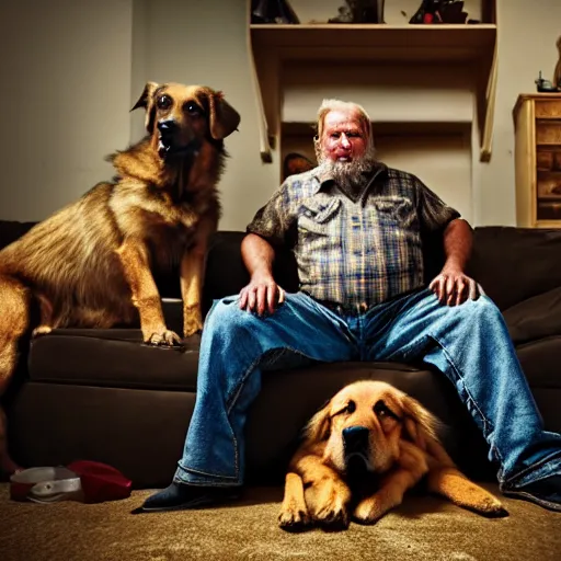 Image similar to a picture of an old man with 2 giant dogs next to him living in a small messy apartment, German shepard and a golden retriever, midwestern redneck life, sharp edges, realistic image, 8k UHD, arnold render, realism, dramatic, HD, high details, poverty