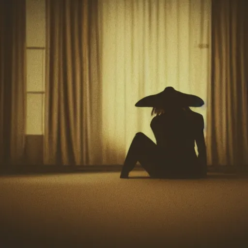 Image similar to creepy witch sitting in dark living room, horror movie still, realistic, found footage, atmospheric, evil, nightmare, film grain