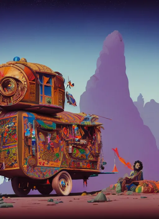 Image similar to gypsy caravan by paolo eleuteri serpieri and tomer hanuka and chesley bonestell and daniel merriam and tomokazu matsuyama, unreal engine, high resolution render, featured on artstation, octane, 8 k, highly intricate details, vivid colors