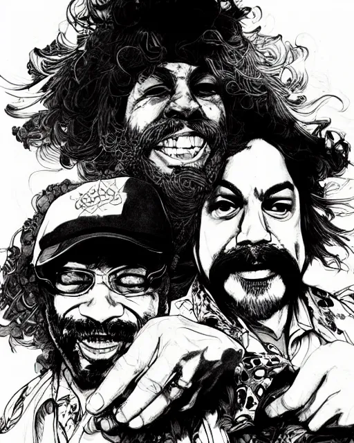 Image similar to portrait of cheech and chong, concept art, sumi - e style, intricate linework, artstation, trending, highly detailed, smooth, focus, art by yoji shinkawa,