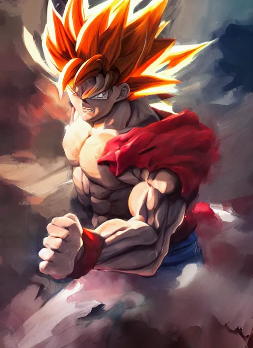 Image similar to semi reallistic gouache gesture painting, by yoshitaka amano, by ruan jia, by Conrad roset, by dofus online artists, detailed anime 3d render of goku super sayian,goku, portrait, cgsociety, artstation, rococo mechanical, Digital reality, sf5 ink style, dieselpunk atmosphere, gesture drawn