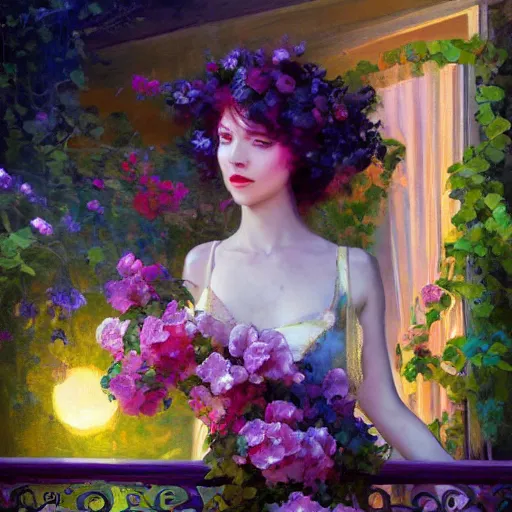 Prompt: aesthetic stunning portrait of a woman on a balcony full of flowers and vines watching the sunset. by Daniel F. Gerhartz and Liam Wong, nocturne, art deco 8k hq