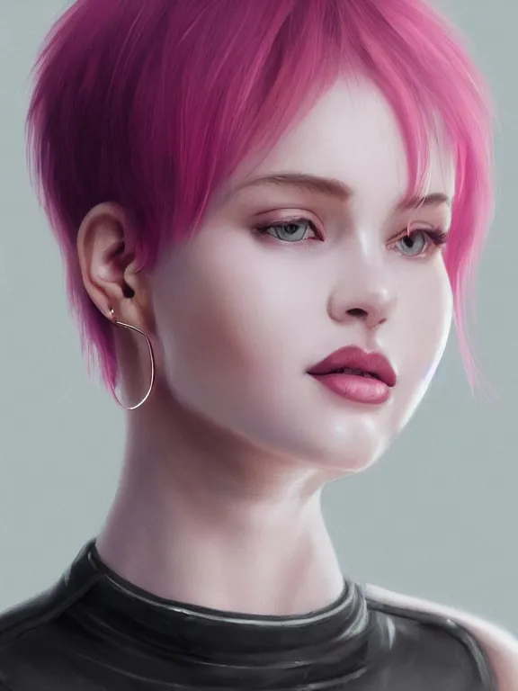 Image similar to beautiful russian girl with short pink hair and nose piercing, wearing airpods, a black choker, thin round earrings, winds of winter, au naturel, hyper detailed, digital art, trending in artstation, cinematic lighting, studio quality, smooth render, octane rendered, concept art, sharp focus, illustration, art by artgerm and greg rutkowski and wlop