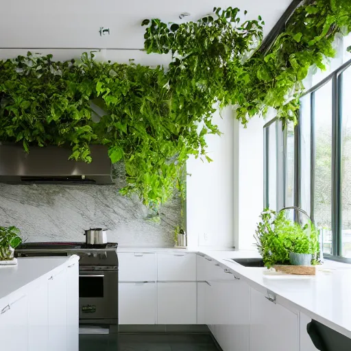 Image similar to a photograph of a contemporary kitchen, white with green accents, filled with plants and vines, wide angle, morning light,