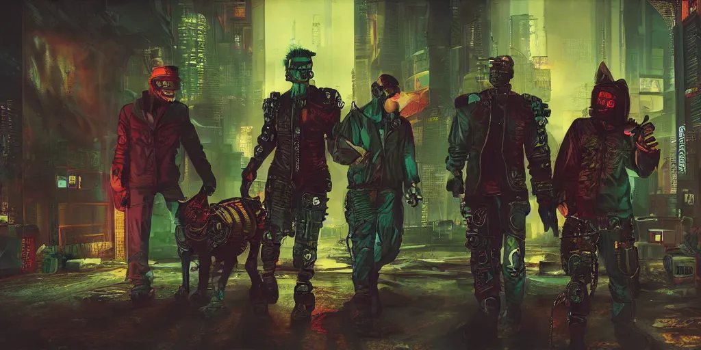 Image similar to cyberpunk cat gang posing, fallout 5, studio lighting, deep colors, apocalyptic setting, sneak