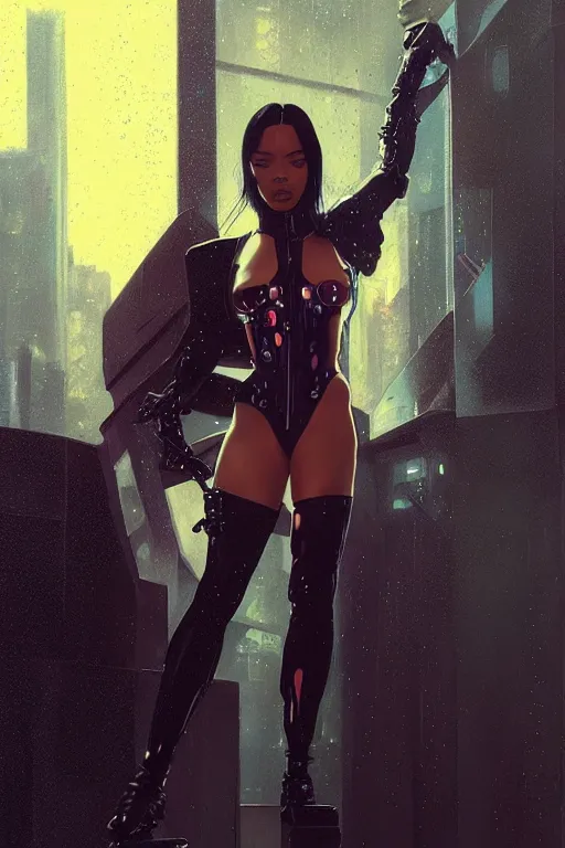 Image similar to cyberpunk Normani as aeon flux profile picture by Greg Rutkowski, dynamic pose, intricate, futuristic, fantasy, elegant, by Stanley Artgerm Lau, greg rutkowski, thomas kindkade, alphonse mucha, loish, norman Rockwell, metal chrome, shiny, rainy background, asymmetric, adro hair,