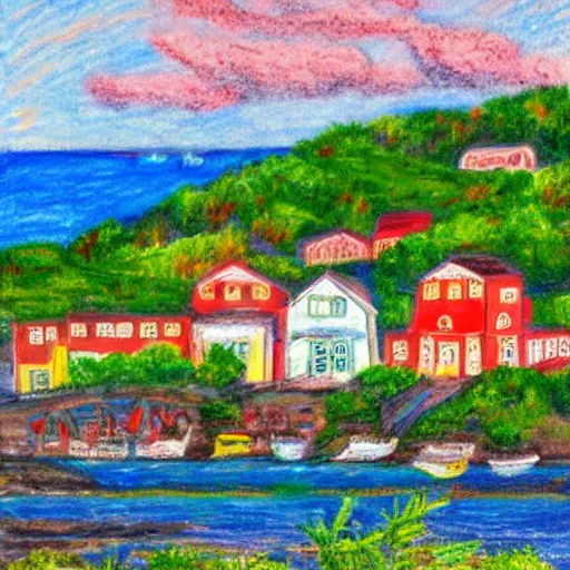 Image similar to “an idyllic, charming New England town by the seaside with colorful buildings, oil pastel”