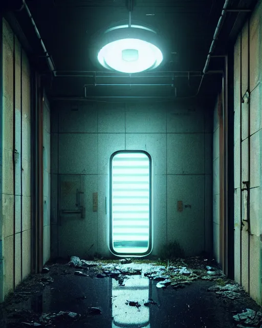 Image similar to a beautiful photorealistic rendering of elevator abandoned urbex architecture nature by carlo stanga, architecture island neon signs studio ghibli infrared bladerunner 2 0 4 9 dramatic lighting heavy rain atlantis dieselpunk uv light, archdaily, wallpaper, highly detailed, trending on artstation.